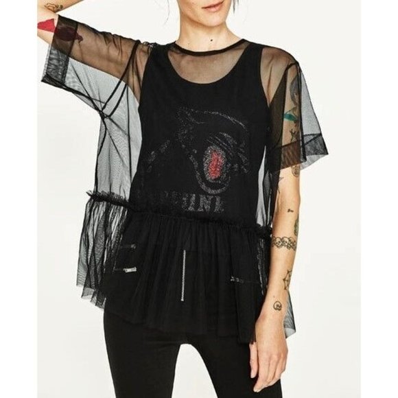Zara Tops - ZARA *Rare* Mesh Black Glitter Panther Sheer Tulle Top Size M Punk Rock Goth
